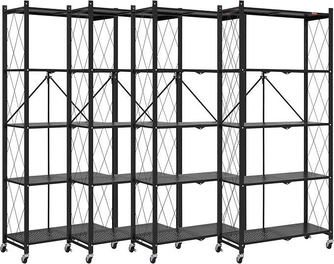 DEANIC 5 Tier Foldable Storage Shelves with Wheels, Large Capacity Shelving Unit, Freestanding Metal Wire Shelf Rack, No Assembly Organizer Rack for Garage Kitchen, Basement, Pantry(Black Pack of 4)