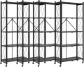 DEANIC 5 Tier Foldable Storage Shelves with Wheels, Large Capacity Shelving Unit, Freestanding Metal Wire Shelf Rack, No Assembly Organizer Rack for Garage Kitchen, Basement, Pantry(Black Pack of 4)