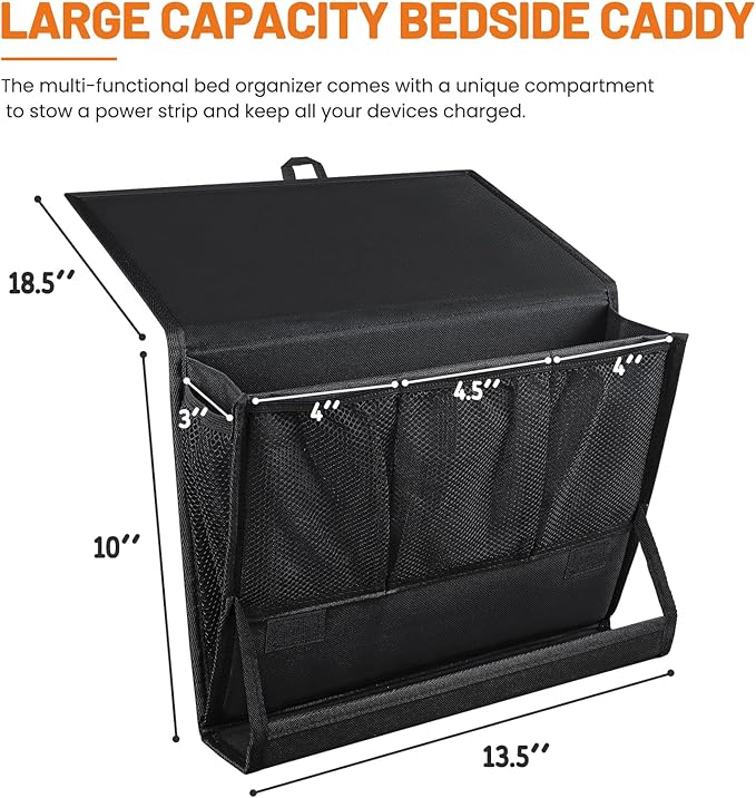 Bedside Caddy Hanging Bed Organizer Storage Bag Pocket with Power Strip Holder Multi-functional Organizer Caddy for Remotes Phone Glasses Magazines, Tablets, Accessories (7 pocket)