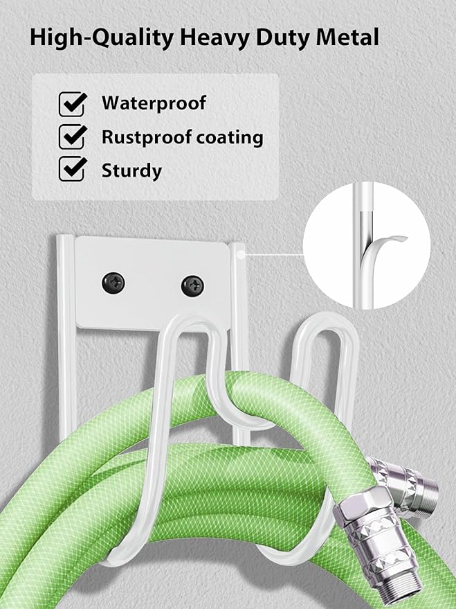 Metal Garden Hose Holder, Sturdy Wall Mounted Water Hose Hanger, Solid Hose Hook for Garden Garage Water Hose/Extension Cords/Vacuum Lines (White)