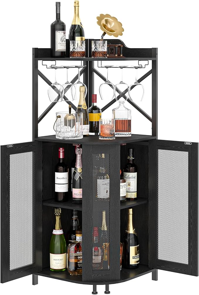 JKsmart Corner Bar Cabinet with Glass Holder, 4-Tier Industrial Wine Bar Cabinet with Door, Liquor Cabinet Bar for Home, Farmhouse Corner Storage Cabinet with Shelf for Coffee Bar, Black