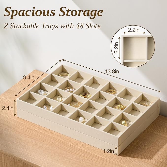 pickpiff Drawer Jewelry Organizer & Display Trays: 2pcs 24grid Velvet Stackable Jewelry Case (13.8x9.4x1.2inch) - Soft Beige Ring Storage Bracelet Holder Earring Box