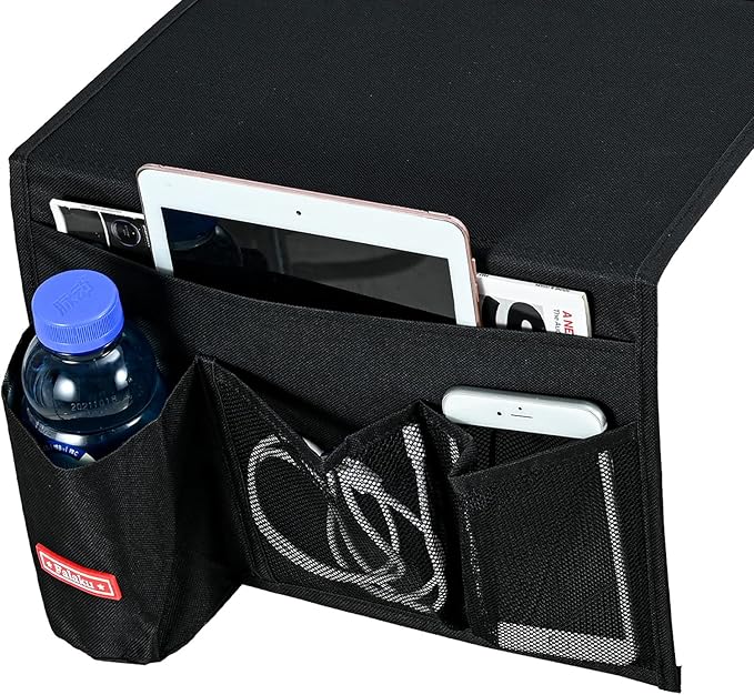 Bedside Caddy, 4 Pockets Bedside Organizer Caddy Under Mattress,Holds Water Bottles,Magazines,Books (Classic 4 Pockets-Black)
