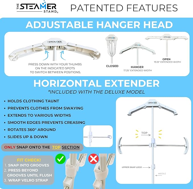 Deluxe | Adjustable Standing Garment Steaming Rack with Hanger | Fast, Foldable, Portable Clothes Steam Ironing Solution for Travel & Home