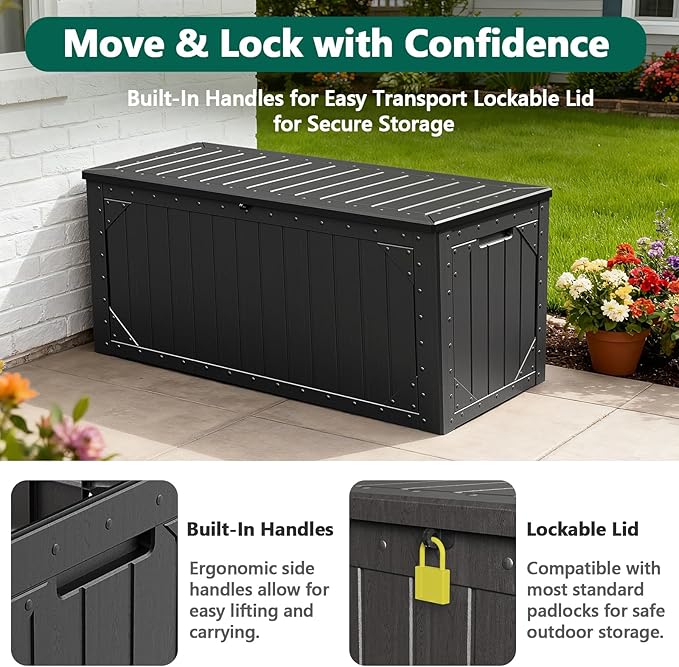 Outdoor Storage Box,100Gallon Deck Box Outdoor Storage Bench Outside Waterproof Resin Storage Bench, Lockable Patio Cushions, Garden Tools Storage For Furniture, UV Resistant(Ebony Black)