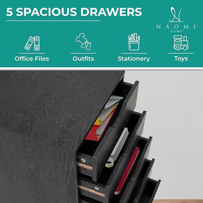 Naomi Home 5-Drawer Mobile Storage Cart Under Desk - Rolling Organizer with Lockable Wheels, Distressed Black Engineered Wood for Dorm Office Apartment, 15.7 x 15.7 x 26 Inches