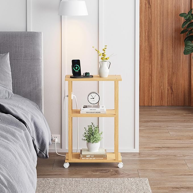 TUTOTAK Small Narrow Side Table with Charging Station, Skinny End Table for Small Spaces, Slim Nightstand with USB Ports and Outlet, Sofa Beside Table with Wheels, Natural TB01BN046