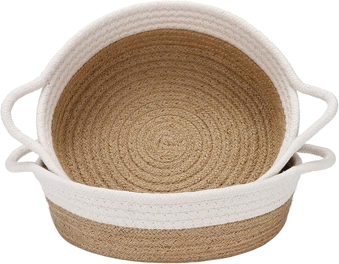 Sea Team 2-Pack Cotton Rope Baskets, 10 x 3 Inches Small Woven Storage Basket, Fabric Tray, Bowl, Round Open Dish for Fruits, Jewelry, Keys, Sewing Kits (Flaxen & White)