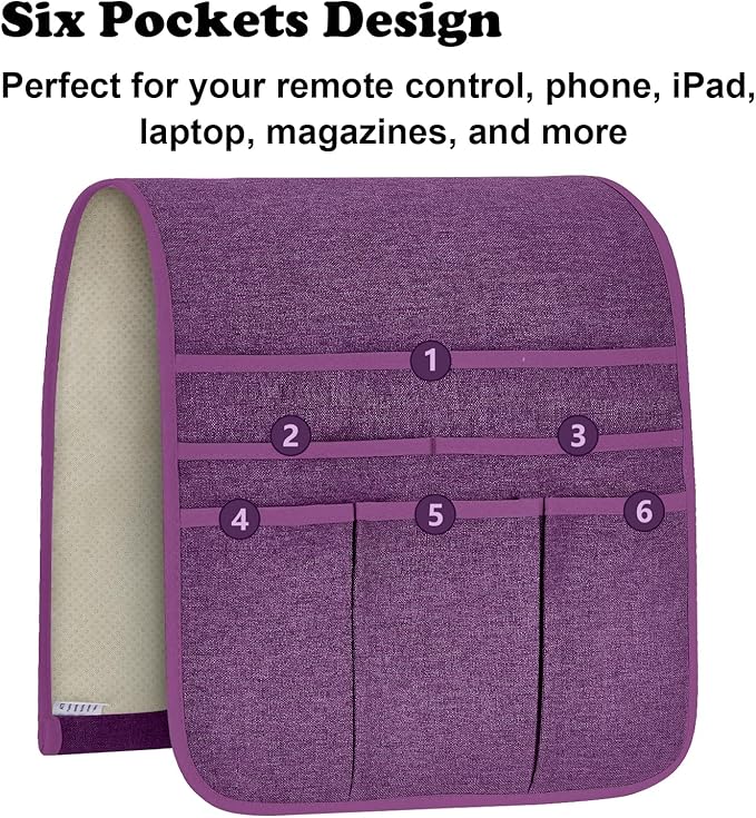 Remote Control Holder Armchair Caddy for Recliner Couch, Non-Slip Armrest Organizer with 5 Pockets for Magazine, Tablet, Phone, iPad (Purple)