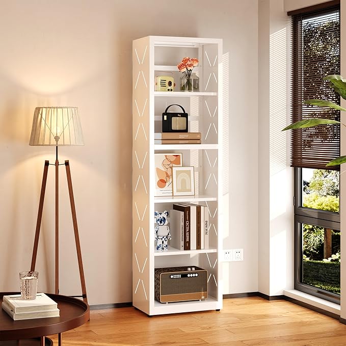 Narrow Bookshelf,5 Tier Bookcase,55" White Metal Small Bookshelf with Adjustable Feet and Adjustable Shelves,Home Office Bookcase Shelf Storage Organizer for Living Room、Kitchen