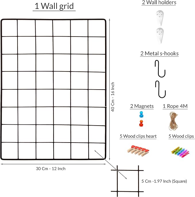 ODOXIA 1-Pack Wire Wall Grid Panel | Photo Grid Wall Decor | Metal Grid Board for Hanging Pictures | Black Wire Grid Organizer for Home, Office & Kitchen | Wall Grid Panel for Display & Storage