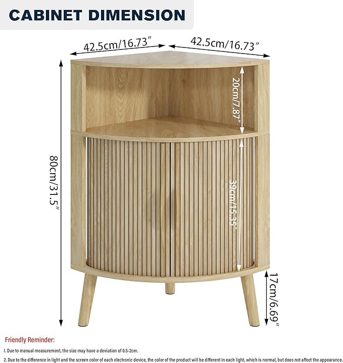 Bathroom Corner Storage Cabinet, 31.5''H Small Floor Corner Cabinet with 2 Fluted Doors and Shelves, Freestanding Narrow Cabinets Organizer for Living Room, Kitchen (Wood Color, 31.5''H)