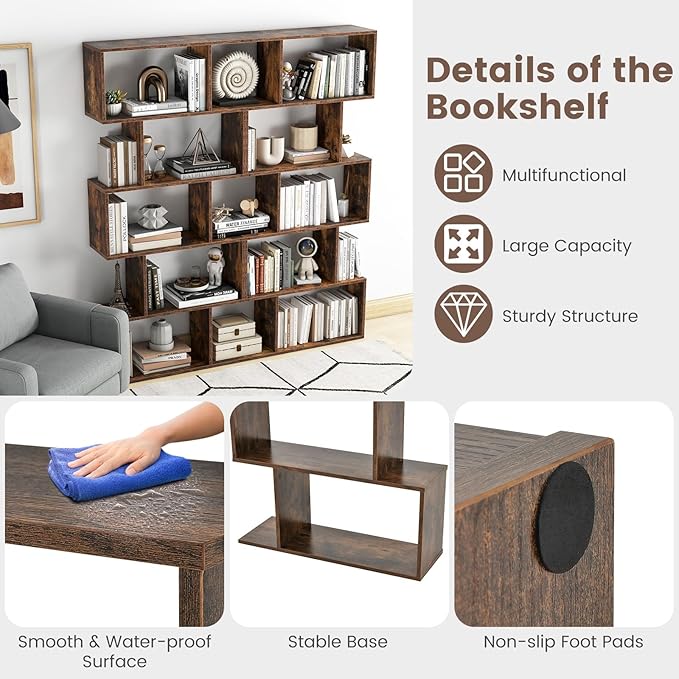5-Tier Geometric Bookcase, 62.5” Freestanding Room Divider Bookshelf with Open Display Shelves & Anti-tip Device, Wood S-Shaped Storage Organizer for Living Room, Bedroom, Study & Home Office