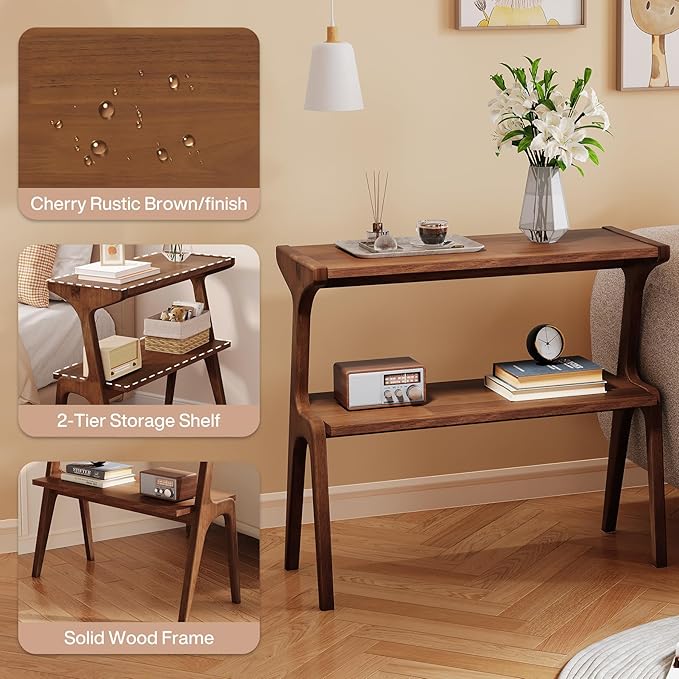 Solid Wood End Table, 2-Tier Side Table with Storage Shelf, Wooden Modern Accent Slim Bedside Table for Sofa, Living Room, Bedroom, Small Space, Easy Assembly, Rustic Brown