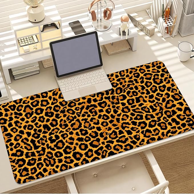 Leopard Print Mouse Pad – Large Extended Desk Mat 35.43 x 15.75 in – Bold Cheetah Animal Pattern, Non-Slip Rubber Base, Waterproof Surface, Fashionable Keyboard & Mouse Pad for Office, Home, or Gaming