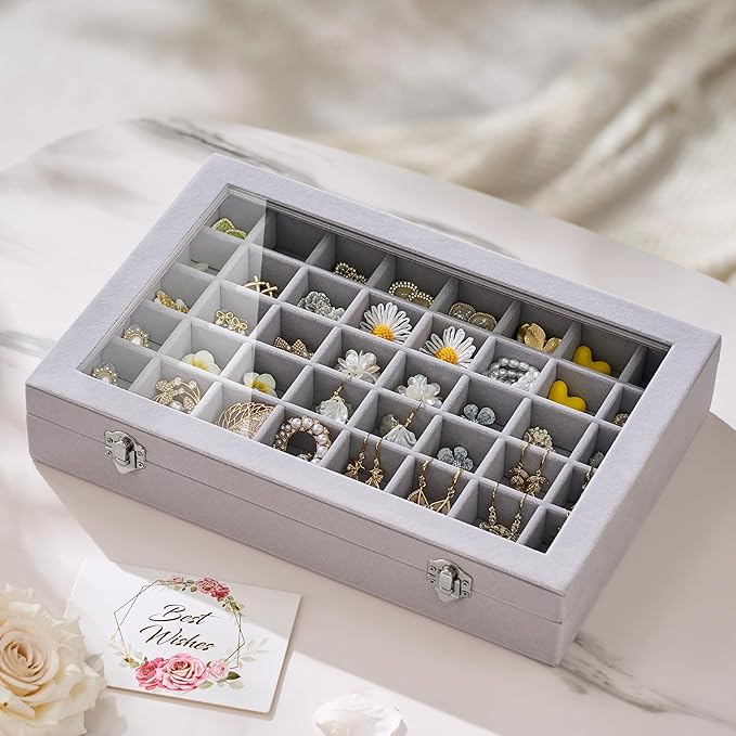 48 Grid Earring Organizer and Storage: Velvet Jewelry Tray with Lid, Jewelry Box for Studs, Earrings, Rings, Necklaces, Dresser & Vanity, Earrings Case Organizer for Girls, Women, Grey
