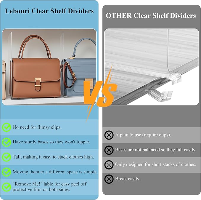 Shelf Dividers for Closet Organization: 12" Tall x 12" Deep Acrylic Shelf Dividers for Clothes Sweater Purse - Clear Closet Organizers and Storage Separators for Shelves, 12Pack