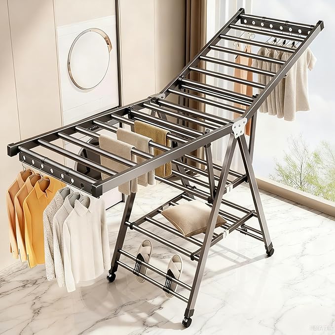 Heavy Duty 3-Tier Clothes Drying Rack with Wheels & Shoe Rack - Large 5.9ft Foldable Metal Laundry Stand, Portable Collapsible Clothing Hanger for Indoor Outdoor Use in Laundry Room