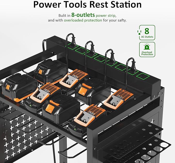 Power Tool Organizer Rolling Cart with Charging Station, Garage Floor Stand Rolling Tool Storage Rack with Charging Power Strip, Garage Storage Heavy Duty Utility Shelf with Wheels