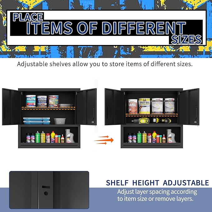 Metal Wall Cabinet, Garage Wall Cabinet with Adjustable Shelf for Garage, Tool Room, Kitchen, Assembly Required(Black)