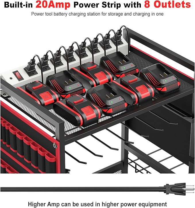 JUNNUJ Garage Large Power Tool Organizer Cart with 10 FT 20A Charing Station, Heavy Duty Drill and Tools Battery Holder Storage Rack, Floor Standing Rolling Tool Cart on Wheels, Red