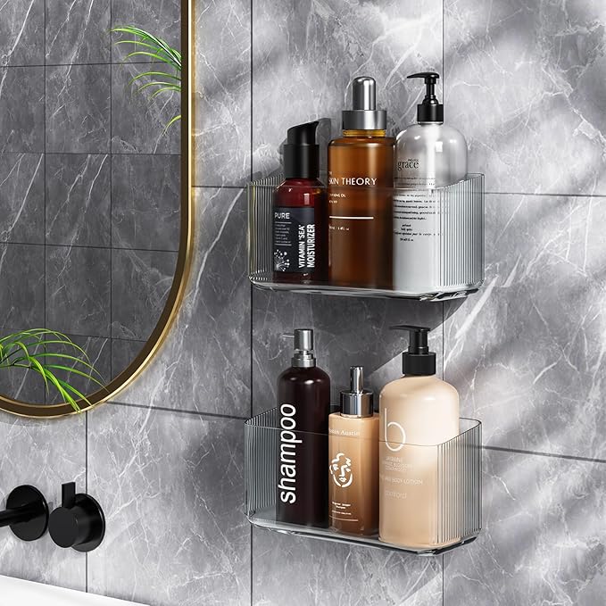 MaraFansie 4 Pack Over Cabinet Organizer Storage Lid Organizer Caddy Space Saver No Drilling Adhesive Hook Over Door Organizer, Clear Gray