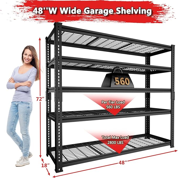 Storage Shelves 2PCS, Garage Shelving Heavy Duty 2800 LBS Capacity, 48" L x 18" W x 72" H Adjustable Metal Shelving Organizer Wire Rack, 5 Tier Utility Shelf Unit for Pantry Closet Warehouse