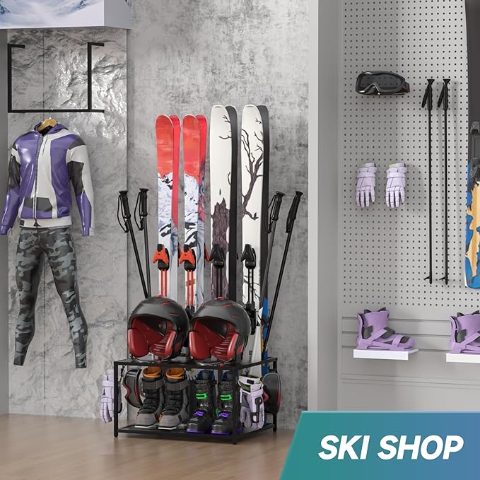 Freestanding Ski Holders for 4Pairs of Skis Ski Boot, Poles,Goggles, Helmet and More,Storage Rack for Garage, Heavy Duty Steel Floor Stand Ski Organizer for Garage Basement(Double-Layer storage shelf)