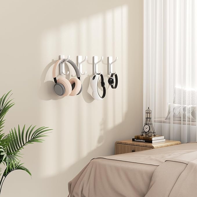 Self Adhesive Wall Hooks for Hanging - 6 Pack Stick On Holds 13 LB, Door Hooks for Towels, Coats, Purse, Jackets, Bags, Hangers for Shower, Dorm, RV, Bathroom, Kitchen - Stainless, Metal, White