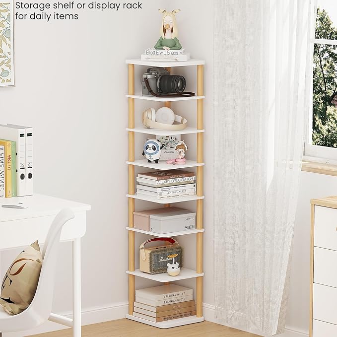 LUCKNOCK Vertical Shoe Rack, 8-Tier Tall Narrow Shoe Organizer for Entryway, Closet, Dorm & Small Spaces, Freestanding White Wooden Shoe Shelf Tower for Boots, Sneakers, Heels.