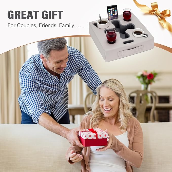 Couch Cup Holder Pillow-Sofa Cup Holder for Bed, Rv, Tv, Car, Man Cave, Backseat | Remote, Drinks, Snacks Tray Organizer Caddy Cupholder (Square-PU Grey)