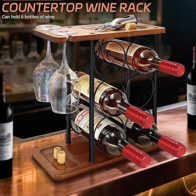 Wooden Wine Racks Countertop with Tray, Wine Bottle Holder for 6 Bottles & 2 Glasses, Perfect for Kitchen, Bar, Table, Cabinet, Wine Cellar