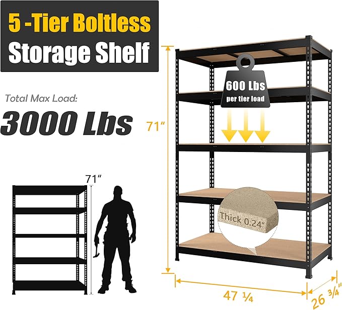 PrimeZone 47" W x 23.6" D x 71" H Large Heavy Duty Storage Shelves - 5 Tier Adjustable Garage Storage Shelving, Metal Storage Utility Rack Shelf Unit for Warehouse Pantry Closet Kitchen, Black