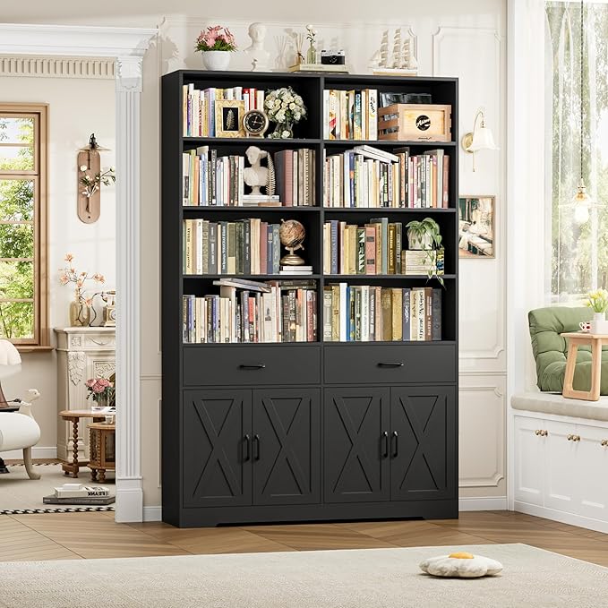 HOSTACK 78" Tall Bookshelf with Doors, Double Wide Bookshelf with Storage Drawers, Large Bookcase with Cabinet and 8 Open Display Shelves, Farmhouse Wood Bookcase Book Shelf for Living Room, Black