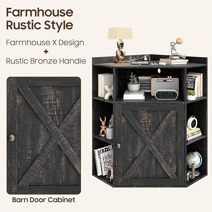 Corner Storage Cabinet, Farmhouse Corner Bookshelf with Storage 6-Cubby Wooden Cabinet with USB Ports and Outlets Industrial Organizer for Small Space, Study, Playroom, Living Room
