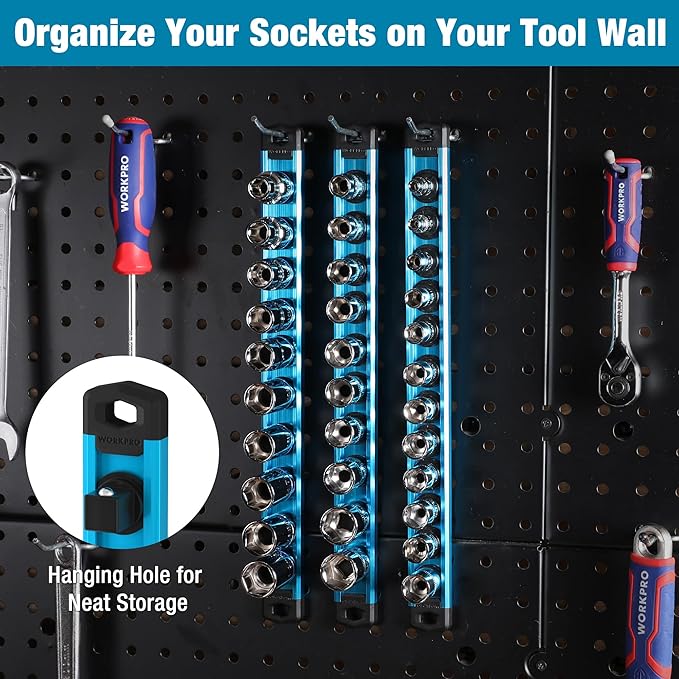 WORKPRO Magnetic Socket Organizer, 1/2-Inch Drive Aluminum Alloy Socket Rail, Heavy Duty Socket Holder, Socket Rack Kit 1/2-Inch x 10 Clips Sky Blue (Socket not Included)