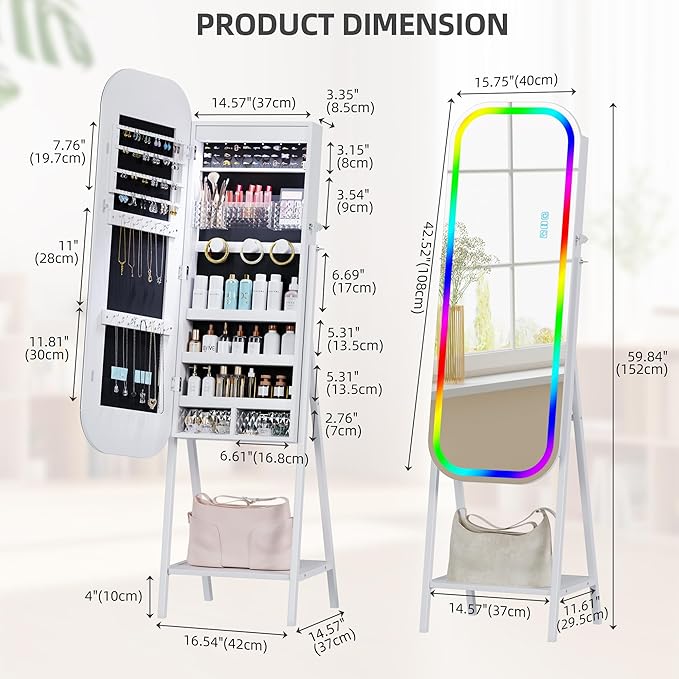 6 LED Mirror Jewelry Cabinet - Wall/Door Mounted Armoire with Large Capacity, Lockable, 14 Dimmable Lights + Adjustable Full-Length Standing or Hanging, White - Cosmetic Storage Organizer, Gift Idea