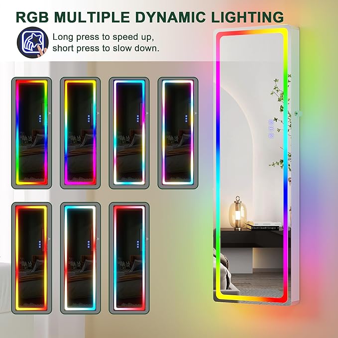 HNEBC LED Mirror Jewelry Cabinet with RGB Lights,47.2" Wall Mounted Jewelry Organizer with Full-Length Mirror,Over The Door Hanging Jewelry Armoire Storage Cabinet,Folding Dresser,2 Drawers,Lockable