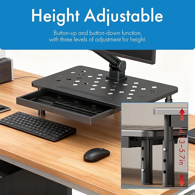 Monitor Stand Riser with Drawer - Adjustable Height (10.5-14.5cm) 3 Gears, Carbon Steel Desk Organizer for Computer/Laptop, Ventilated, Multi-Layer Storage for Office Home (Black)