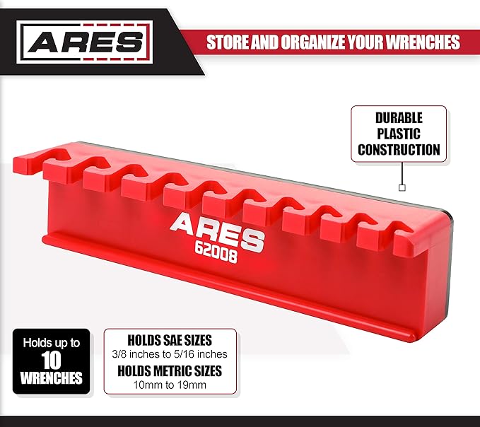 ARES 62008-10-Piece Red Magnetic Wrench Organizer - Sturdy Plastic Rack Stores up to 10 SAE and Metric Wrenches and Keeps Your Garage Organized