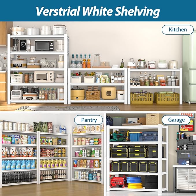 PrimeZone 28" W x 12" D x 59" H Closet Storage Shelves - 5 Tier White Metal Connector Shelving, Adjustable Heavy Duty Garage Shelves, Utility Rack Organizer Shelf for Kitchen Pantry Closet, 4 PCS