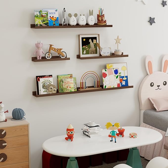 Fun Memories Picture Ledge Shelf, 24 Inch Long Floating Shelves Set of 6, Picture Shelf for Wall with Lip, Large Nursery Book Shelves for Storage, Wall Shelves for Living Room Bedroom Kitchen, Walnut