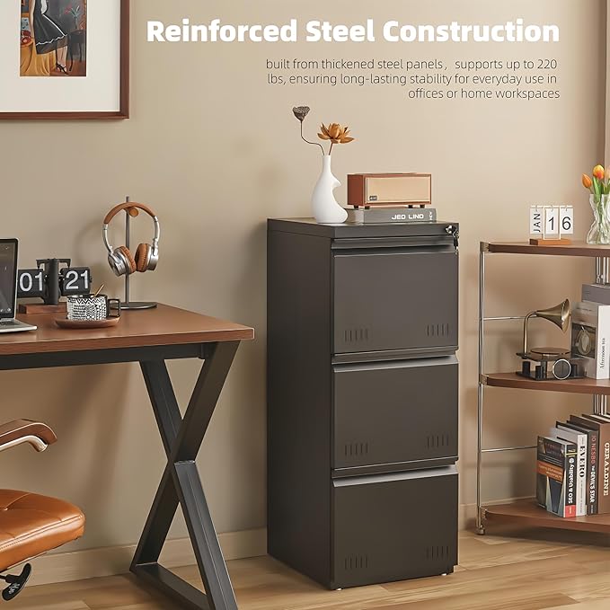 Metal File Cabinet with Lock, Vertical 3 Drawer File Cabinets for Home Office, Heavy Duty Office Storage Cabinet for A4/Letter/Legal Size, Assembly Required(Black)