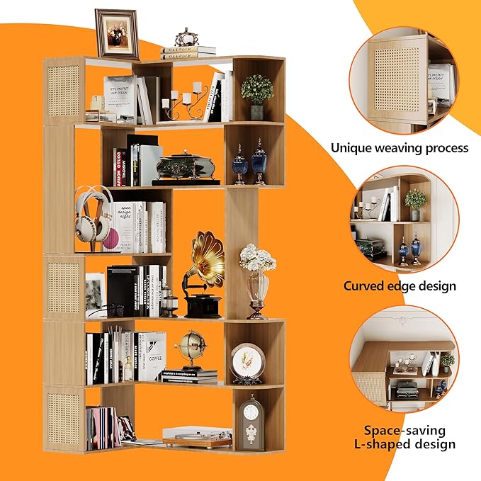 Corner Shelf,7-Tier Corner Bookshelf,Farmhouse L Shaped Shelves Etagere Bookcase, Large L Shaped Bookshelf with Vine Woven Open Storage Cabinet for Home Office (Large,Log Color)