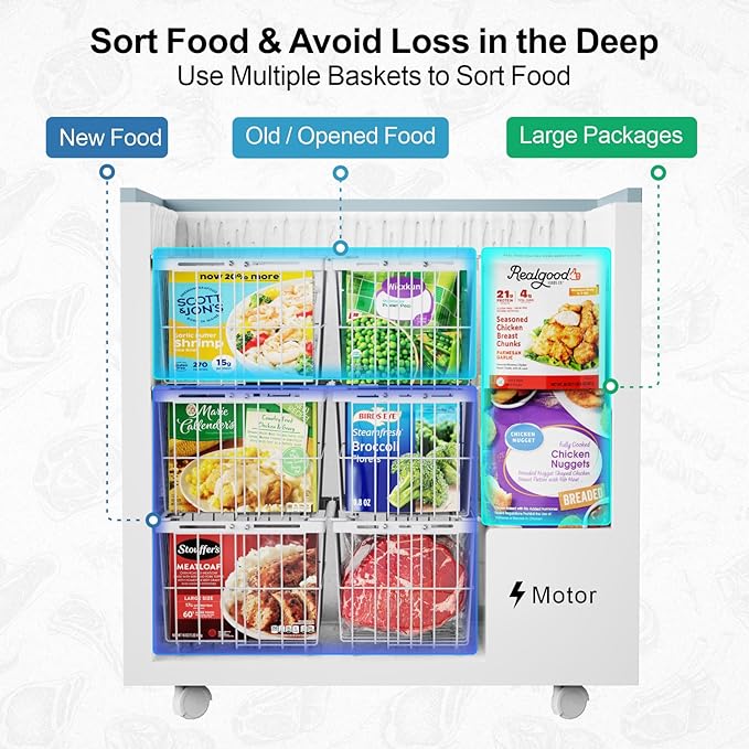iSPECLE Chest Freezer Organizer Bins - Fit 5 to 9 Cu.FT, 6 Pack Large Adjustable Freezer Organizer Bins for Deep Freezer, Easy Access & Stackable Chest Freezer Organizer Hold More Food, White