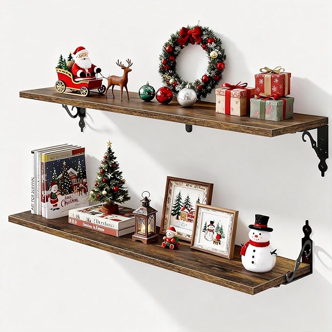 Deep Floating Shelves for Wall, 32"W x 8"D Wall Shelves, 8 Inch Deep Floating Shelf with Bracket, 32 Inch Floating shelves Set of 2, Rustic Shelves for Living Room, Bathroom and Kitchen, Rustic Brown