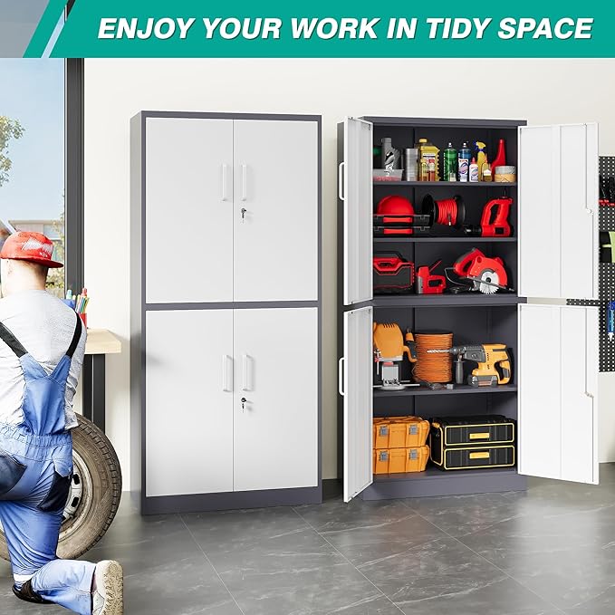 Metal Storage Cabinets with Doors and Shelves,71" Garage Storage Cabinet with Locking Doors,Tall Storage Cabinets with Lock for Home,Office,Gym,Bathroom,Kitchen