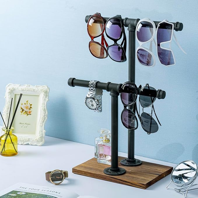 MyGift Adjustable 2-Tier Industrial Jewelry Display Stand - Rustic Metal Pipe & Brown Wood Base for Necklaces, Bracelets, Watches - Home & Boutique Decor (11.75" H)