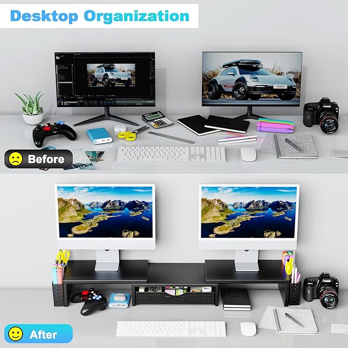 Spacrea Metal Desk Organizers and Accessories, Dual Monitor Stand Riser with Drawer and 2 Pen Holders, Desk Accessories & Workspace Desktop Organizers for Office Supplies (Black)