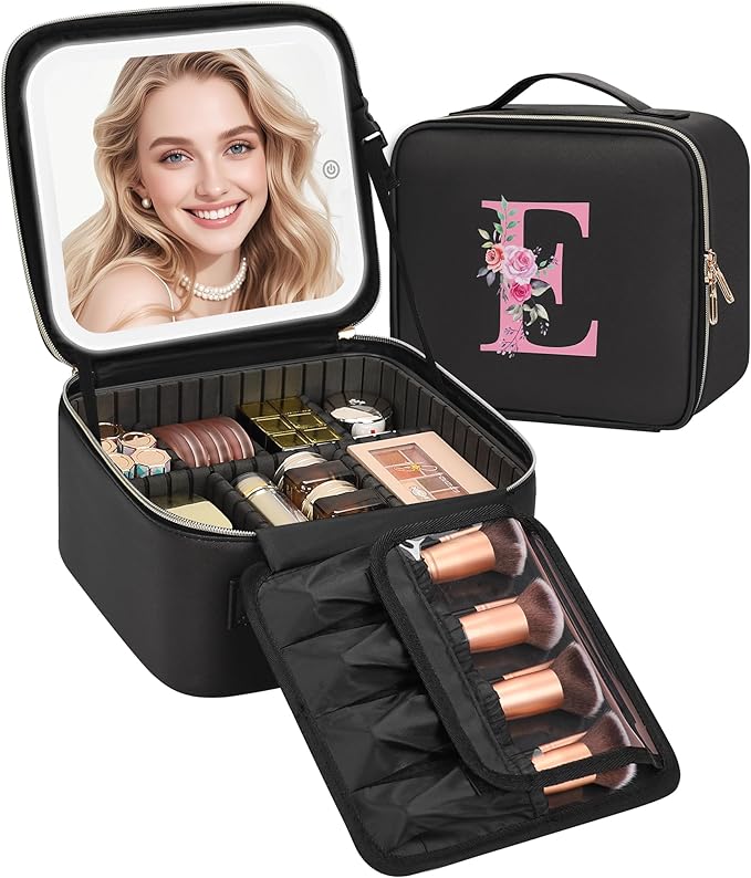 Relavel Initial Makeup Bag with LED Mirror for Women Girls, Personalized Travel Cosmetic Organizer Train Case, Birthday Gifts for Grandkids Bridesmaid Graduation Teacher Friends, Trendy Stuff, Black E